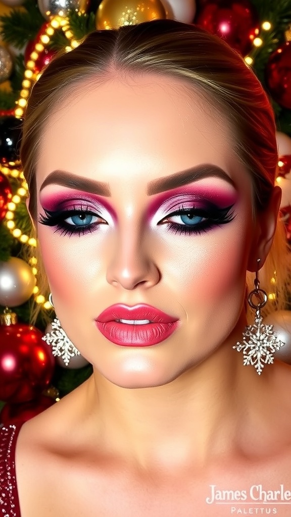 A festive holiday makeup look with vibrant eyeshadow from the James Charles Palette, set against a Christmas-themed background.